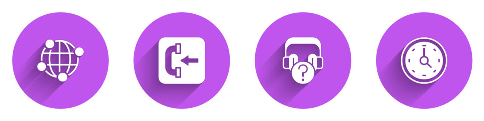 Poster - Set Global technology, Incoming call phone, Headphones with question and Clock icon with long shadow. Vector