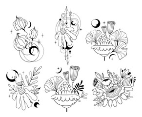 Wall Mural - mystical floral clipart bundle, mysticism and esoteric concept, flower moon and fantasy magic plants