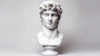Gypsum statue of David's head. Michelangelo's David statue plaster copy isolated on white background.