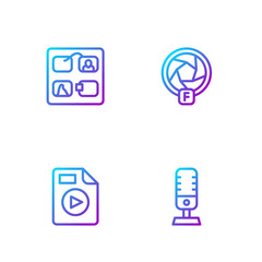 Poster - Set line Microphone, AVI file document, Storyboard and Camera shutter. Gradient color icons. Vector