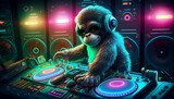 Funny monkey dj at turn table console, disco edm party, night club illustration Ai generated image