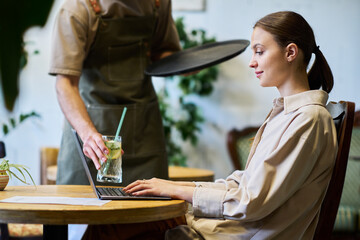 Aufkleber - Young brunette woman looking at laptop screen and networking while waiter with tray putting glass of refreshing lemonade on table