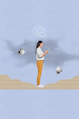 Sticker - Vertical collage illustration of thoughts chatting smartphone online messenger brainstorming new ideas isolated on blue color background