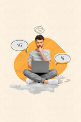 Poster - Vertical collage image of minded focused guy sitting cloud use netbook think ponder bubble count finance isolated on creative background