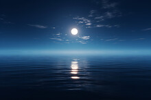 An Awe-inspiring Shot Of A Full Moon Rising Over A Calm Ocean, Casting A Path Of Shimmering Silver On The Water's Surface.