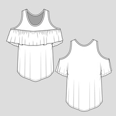 Womens  fashion ruffles tank top flat sketch technical drawing template design vector