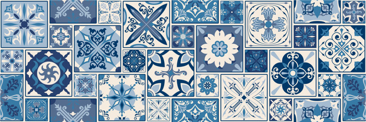 Naklejka na meble Traditional ornate Portuguese decorative tiles, azulejos. Abstract background. Vector hand drawn illustration, typical Portuguese tiles, Ceramic tiles. Seamless pattern.