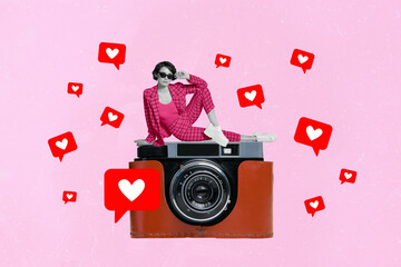 Poster - Composite collage picture image of successful blogger cool girl pink costume photographer camera social media smm manager businesswoman