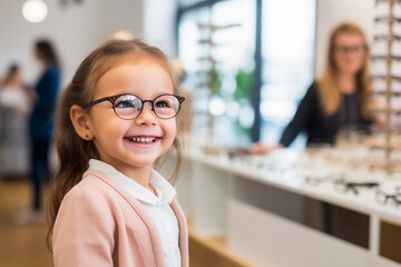 Wall Mural - A young girl trying new glasses in an optician