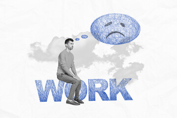 Wall Mural - Image poster picture collage sketch of sad upset tired guy sit dont want work dream relax rest isolated on painted white color background