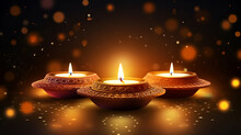 Happy Diwali. 3 Oil Lamp With Place For Diwali Greetings Over Dark Background With Golden Bokeh Lights And Sparks. Copy Space. Ai Generative