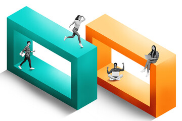 Poster - Collage artwork graphics picture of excited purposeful coworkers working togather isolated painting background