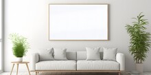 Blank Horizontal Poster Frame Mock Up In Minimal White Style Living Room Interior, Modern Living Room Interior Background