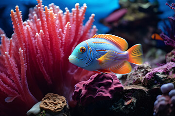  coral reef, exotic fish swims between corals in the ocean