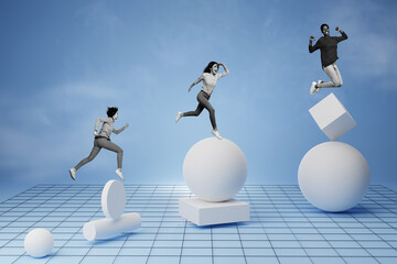 Poster - Artwork collage image of excited determined black white effect people run jump geometric figures circle square cube isolated on creative background