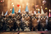 Cat Birthday Party. Celebrate Kittens With Cake And Ice Cream And Candles Party Animals