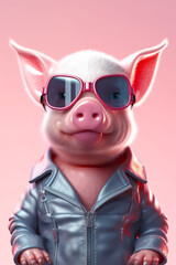 Sticker - Pig wearing sunglasses and leather jacket with leather jacket on and pink background. Generative AI.