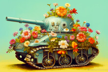 Image Of Tank With Flowers Growing Out Of The Top Of It. Generative AI.