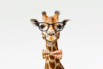 Canvas Print - Giraffe wearing glasses and bow tie with white background. Generative AI.