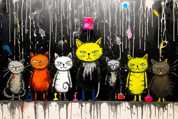 Wall Mural - Image of group of cats standing in front of rain shower. Generative AI.