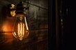 Vintage incandescent Edison type bulb on wooden wall. Generative AI