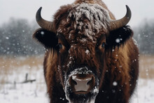 Portrait Of A Buffalo On A Frosty Winter Day. Close Up Of An Animal In The Wild. The Bison Stands And Looks Straight Into The Camera, It's Snowing. Generative AI.