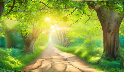 Poster - Magical forest path and tree tunnel at sunrise 