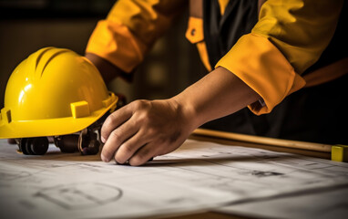 Hand over construction plans with yellow helmet and drawing tool