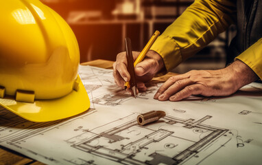 Hand over construction plans with yellow helmet and drawing tool