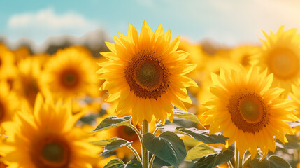 Field of blooming sunflowers in sunshine isolated on