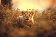 Vulnerable young cub in the savanna