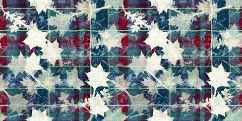 Grunge Christmas snowflake red blue white cottage style seamless border. Festive distress cloth effect for cozy winter home decor. 