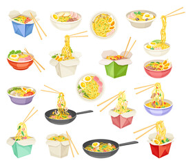 Wall Mural - Asian Noodles in Box, Frying Pan and Bowl with Chopsticks Big Vector Set