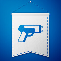 Wall Mural - Blue Police electric shocker icon isolated on blue background. Shocker for protection. Taser is an electric weapon. White pennant template. Vector