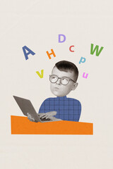 Poster - Vertical collage image of minded black white effect kid use netbook brainstorming letters isolated on painted background