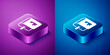© Kostiantyn - Isometric Viking book icon isolated on blue and purple background. Square button. Vector