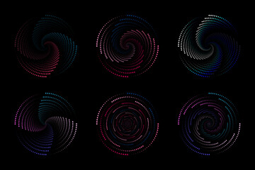 Spiral, vortex, spin element. Circular and radial lines of volutes, spirals. Random dotted dots, halftone spots concentric circle. Segmented circle with rotation.