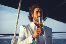 Young Rich Prosperous Confident Businessman Stylish Fashionable Man Guy Male In White Trendy Suite Holding Glass Of Champagne On Luxury Yacht Vacation Dating Luxurious Traveling Wealth Lifestyle
