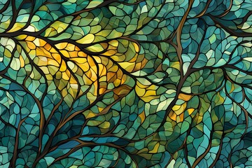 Kaleidoscope of Kelp: Stained Glass Mosaic Enchanting Kelp Forests- Seamless Tile Background, Tiling Landscape, Tileable Image, repeating pattern