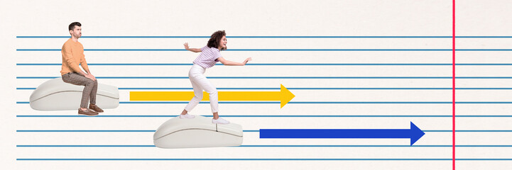Artwork magazine collage picture of carefree funky coworkers riding race retro obsolete mouses isolated drawing background