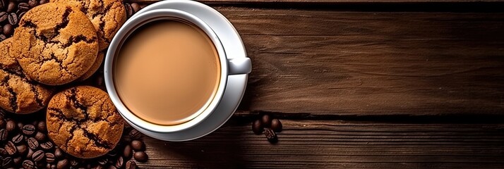 Top view. Close up of hot chocolate in cup, coffee beans and freshly baked cookies on brown wooden table for breakfast