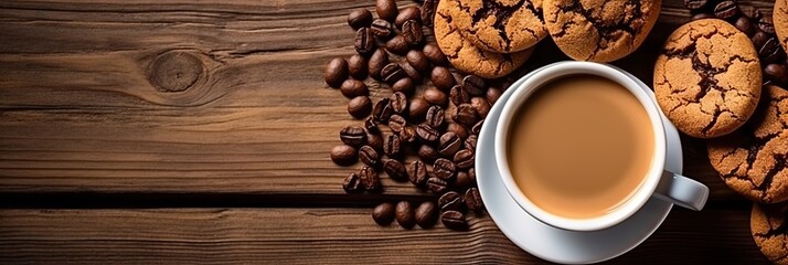 Top view. Close up of hot chocolate in cup, coffee beans and freshly baked cookies on brown wooden table for breakfast