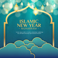 Square Islamic new year background with cutting paper clouds and lanterns