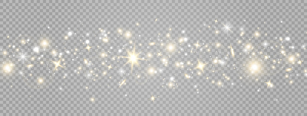 Wall Mural - golden light dust background. christmas luxury banner. glowing bokeh confetti. gold and white magic 