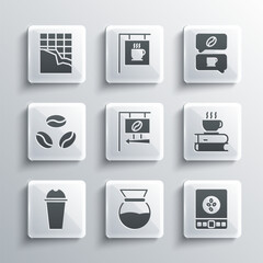 Poster - Set Pour over coffee maker, Electronic scales, Coffee cup and book, Street signboard, Milkshake, beans, Chocolate bar and conversation icon. Vector