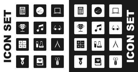 Sticker - Set Laptop, Music note, tone, Award cup, Calculator, Glasses, Acute angle, Drawing compass and icon. Vector