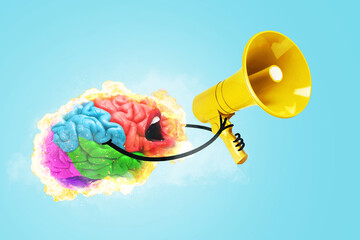 Creative fun smart brain explodes with fire, holds a yellow loudspeaker and screams on blue background. Brainstorm, concept. Headache and notice. Fire Brain Attracts Attention, Marketing Creative Idea