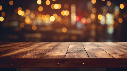 Empty wooden table space platform defocused restaurant interior