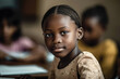 © ADDICTIVE STOCK - Generative AI image of portrait of cute black kid in braids looking at camera while sitting with classmates on bench in blurred classroom in school