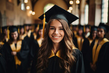 Generative AI Illustration Portrait Of Cheerful Young Lady In Black And Yellow Graduation Gown With Cap Against Blurred Background Of Other Graduate